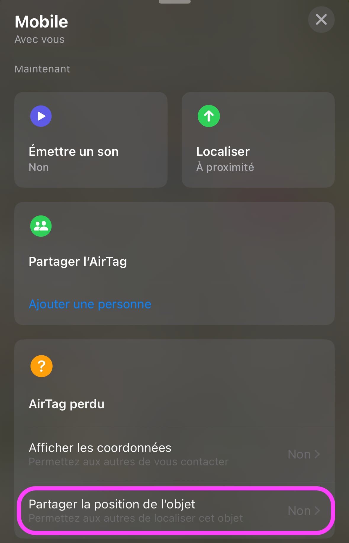 AirTag lien de partage de position