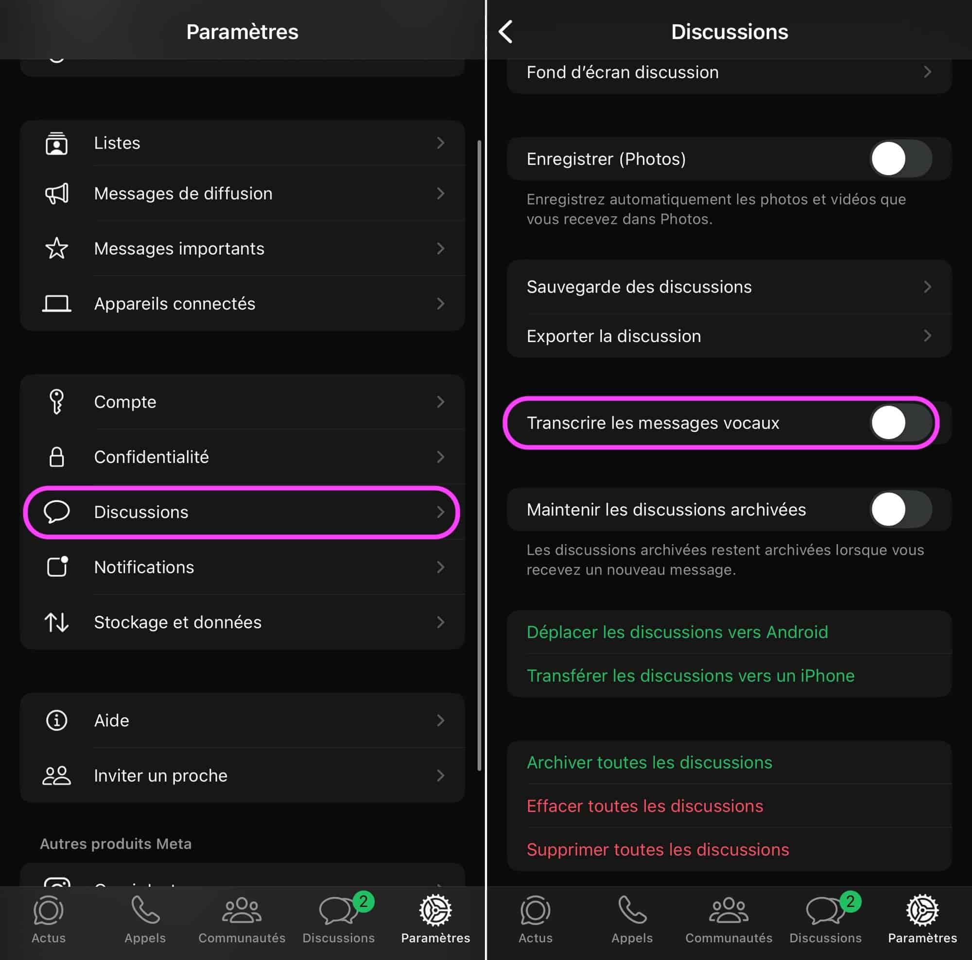 WhatsApp transcription message audio vers texte